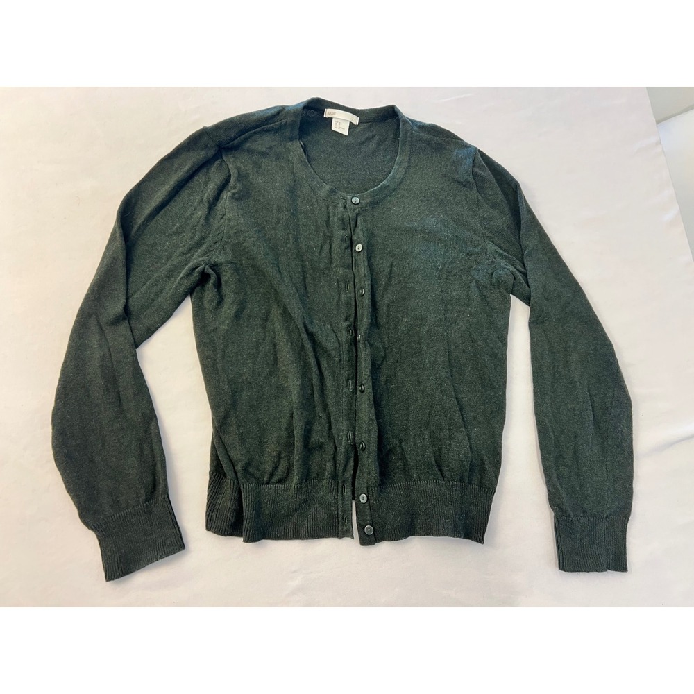 HM Basic Womens Dark Green 100% Cotton Button Front Crewneck Cardigan Sweater M